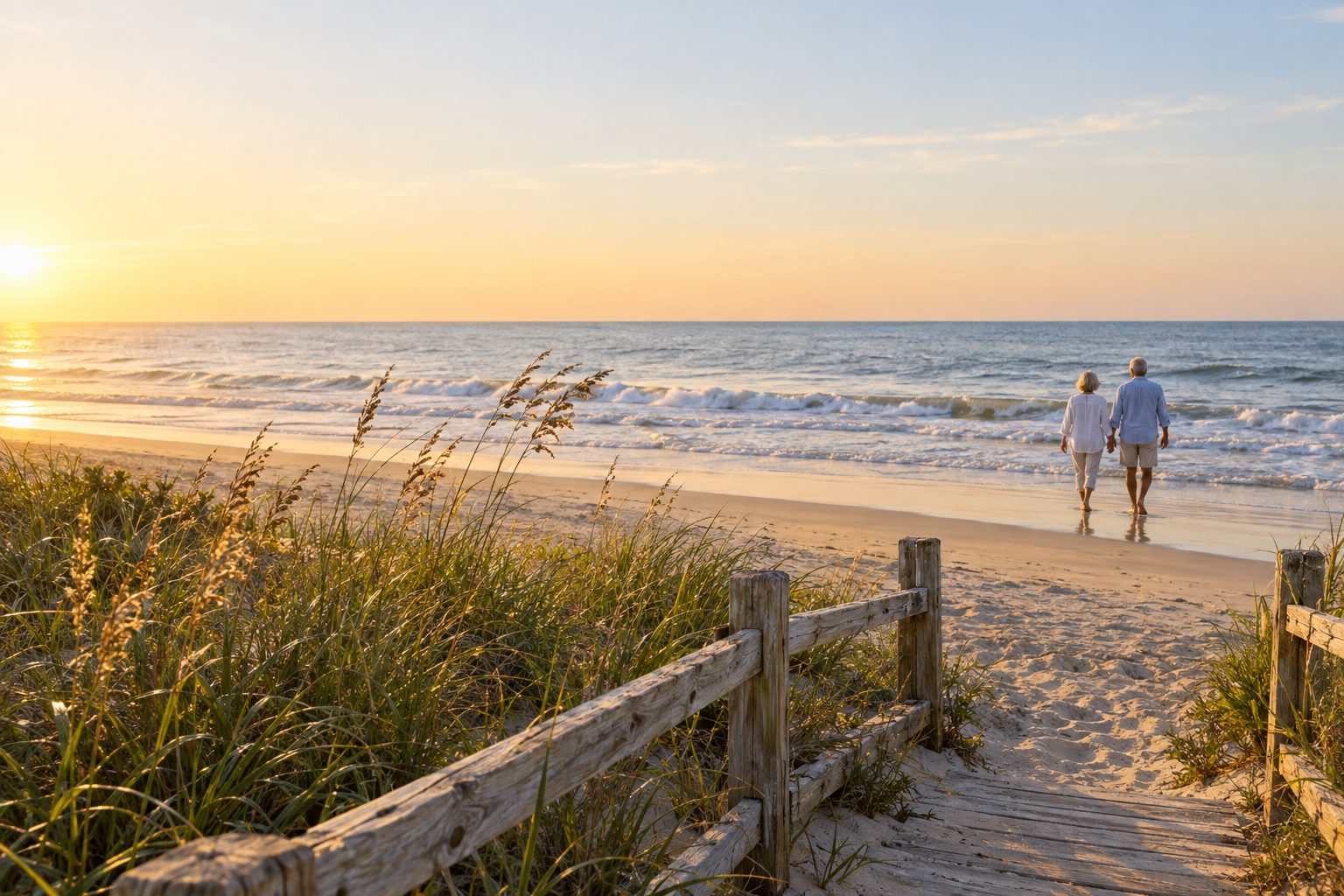 A retired couple walking along a quiet Delaware beach at sunrise, seen from a wooden dune path