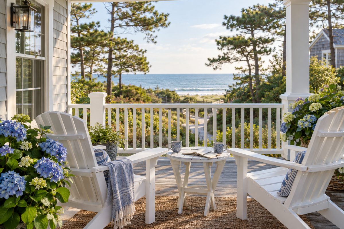 A coastal cottage porch with two Adirondack chairs, coffee mugs and hydrangeas